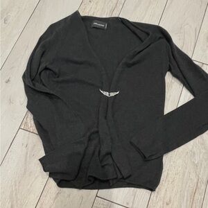 Zadig and Voltaire Grey Cashmere cardigan with Silver Wings Pin Closure